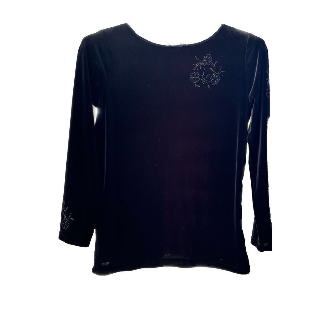 LIZ CLAIBORNE ‎ M Women Stretch Poly Velvet Blouse Shiny Floral Embroidery Black